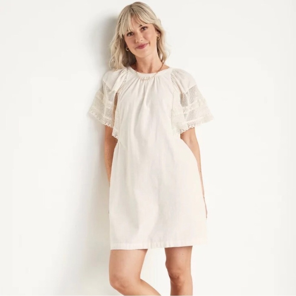 Resort Mini Dress Women’s L Ivory Cotton Flutter Crochet Cottage Peasant Beach